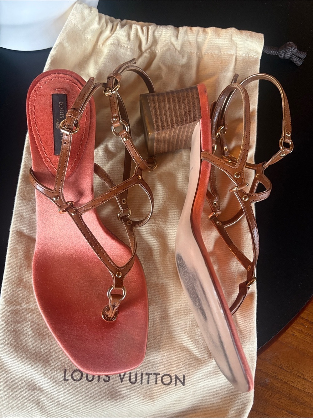Louis Vuitton Coral and Tan T-Strap Sandals with Gold Hardware - Picture 10 of 12